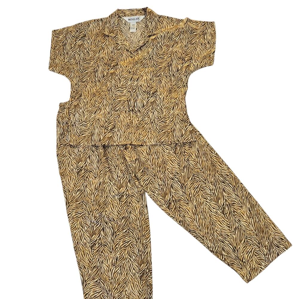 Winlar Pajama Set Satin Brown Gold Short Sleeve Top Pants Sz Large Zebra Print